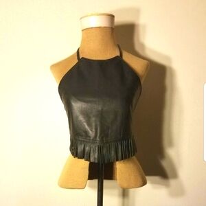 Vintage Y2K Aliza Outerwear Leather Fringe Black Halter Top size XS.